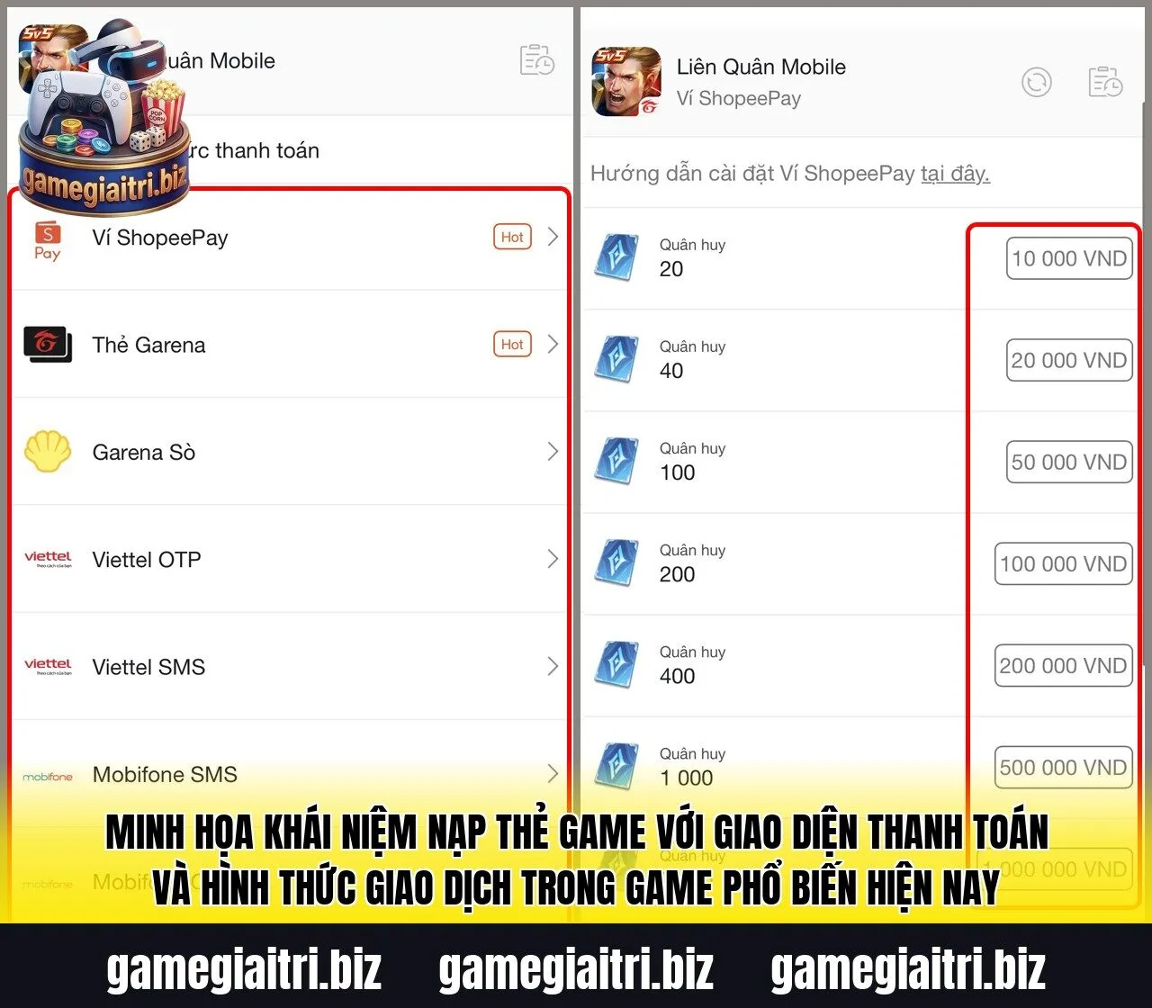 Minh họa khái niệm nạp thẻ game với giao diện thanh toán và hình thức giao dịch trong game phổ biến hiện nay