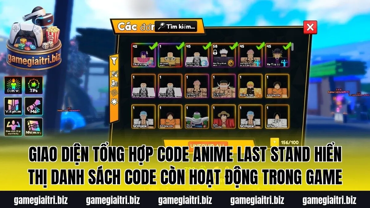 Giao diện tổng hợp Code Anime Last Stand hiển thị danh sách code còn hoạt động trong game