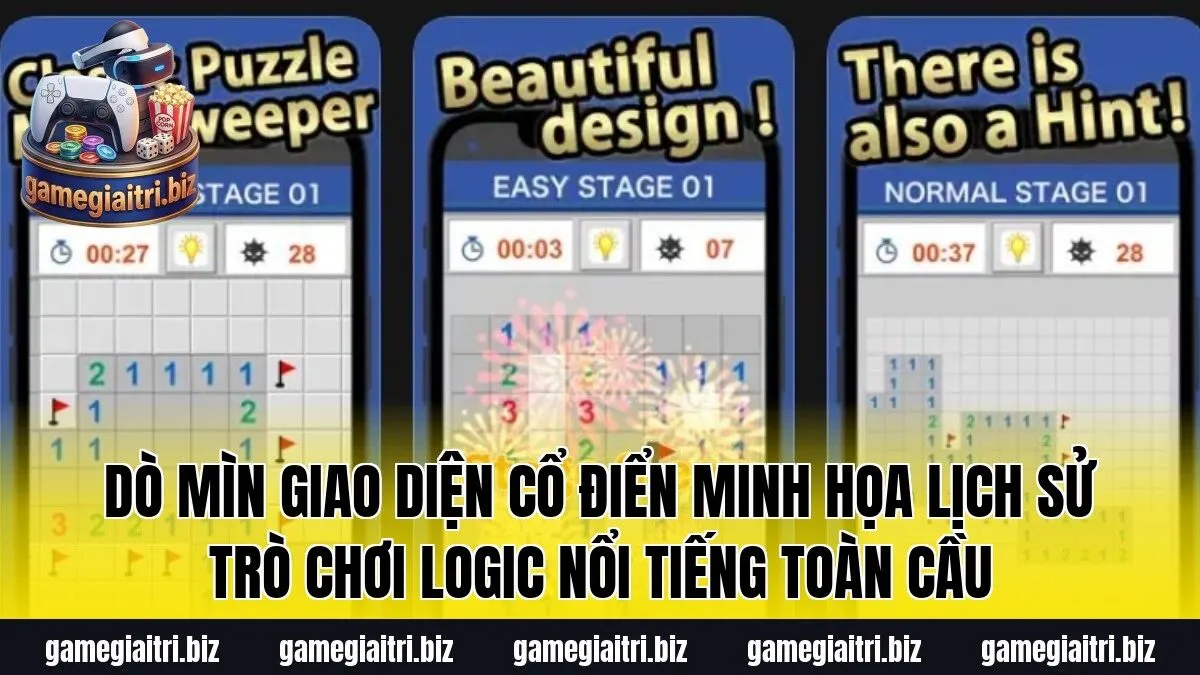 Dò Mìn giao diện cổ điển minh họa lịch sử trò chơi logic nổi tiếng toàn cầu
