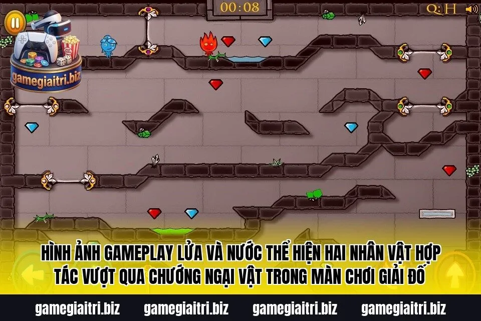 Hình ảnh gameplay Lửa và Nước thể hiện hai nhân vật hợp tác vượt qua chướng ngại vật trong màn chơi giải đố