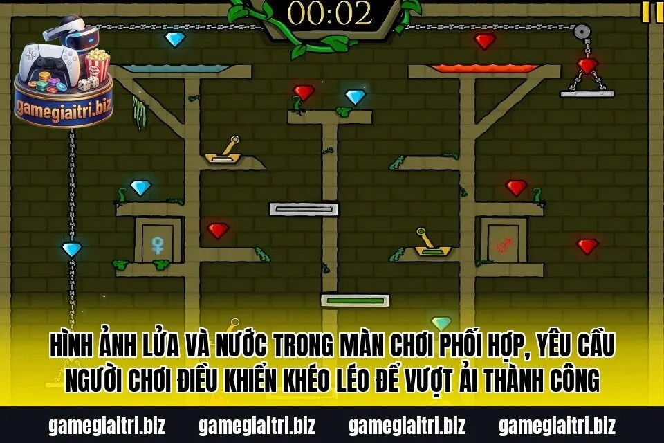 Hình ảnh Lửa và Nước trong màn chơi phối hợp, yêu cầu người chơi điều khiển khéo léo để vượt ải thành công