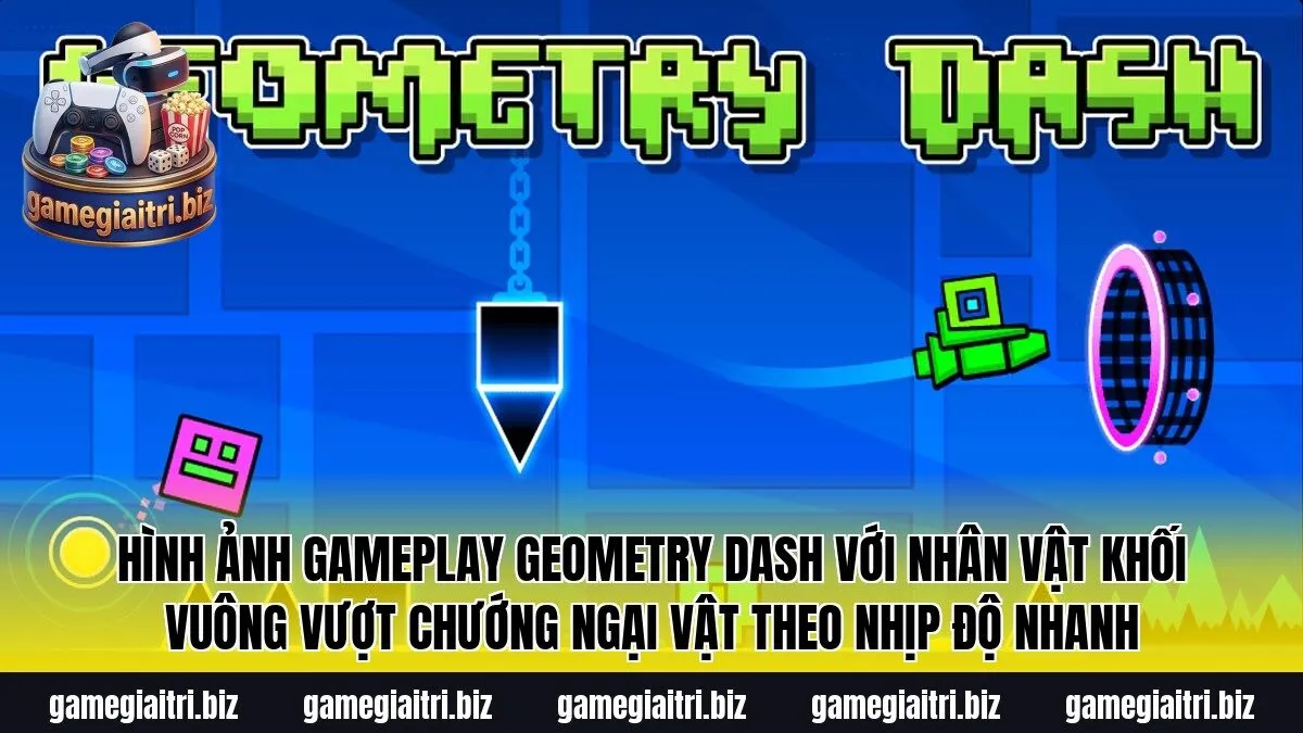 Hình ảnh gameplay Geometry Dash với nhân vật khối vuông vượt chướng ngại vật theo nhịp độ nhanh