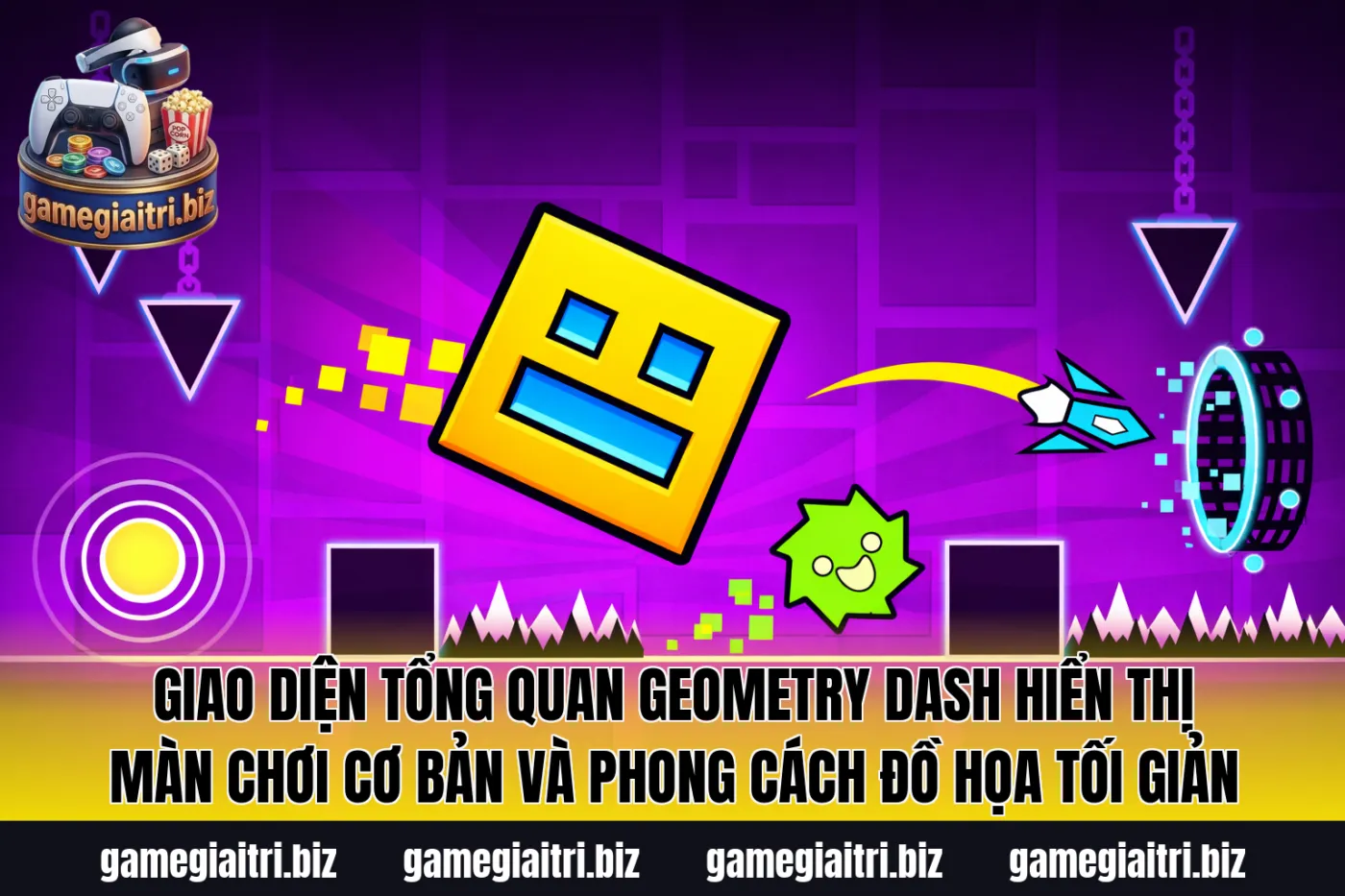Giao diện tổng quan Geometry Dash hiển thị màn chơi cơ bản và phong cách đồ họa tối giản