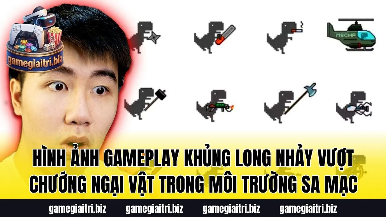 Hình ảnh gameplay Khủng Long Nhảy vượt chướng ngại vật trong môi trường sa mạc