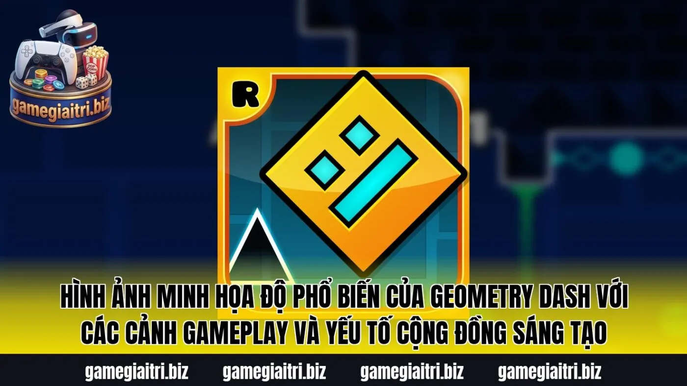 Hình ảnh minh họa độ phổ biến của Geometry Dash với các cảnh gameplay và yếu tố cộng đồng sáng tạo